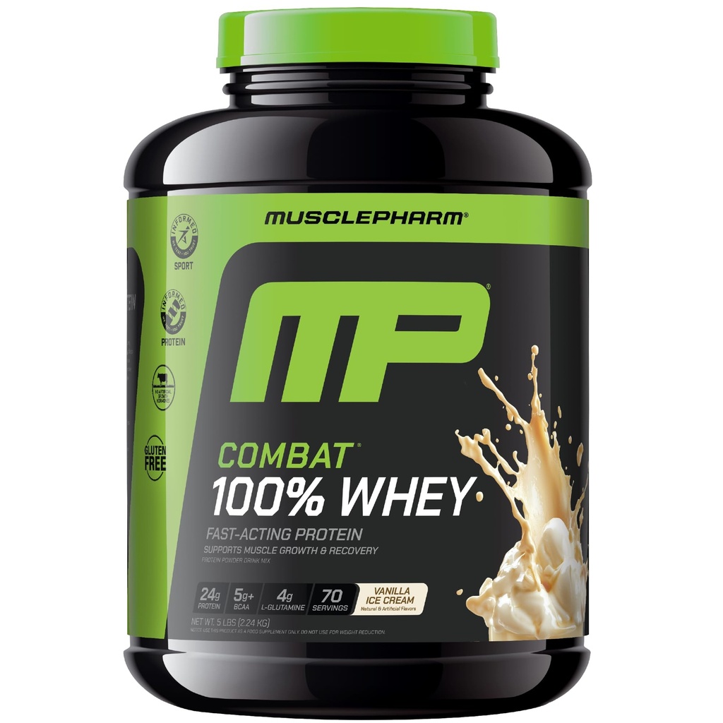 MusclePharm Combat 100% Whey Protein Powder, Vanilla Flavor, Fast Recovery & Muskel Gain mit Whey Protein Isolate, High Protein Pulver für Frauen & Männer, Glutenfrei, 5 lb, 70 Servierungen
