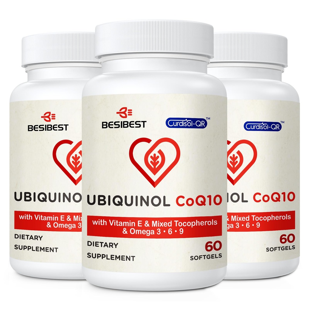 Ubiquinol CoQ10-600mg-Softgel, supplément actif d'Ubiquinol Coq10 avec vitamine E et oméga 3, 6, 9, haute absorption-Coenzyme-Q10, puissant antioxydant pour la production d'énergie, testé, 180 Compte