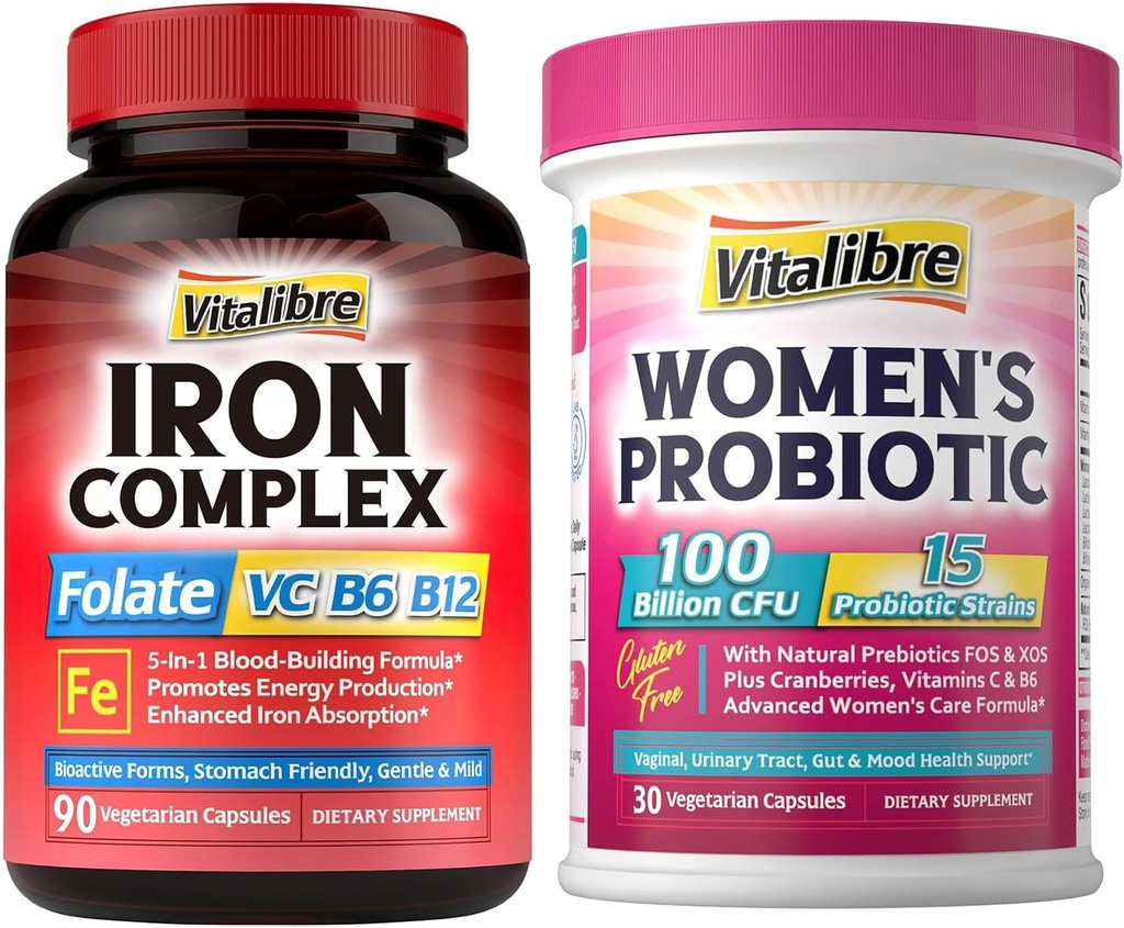 Eisen Ergänzung für Frauen & Männer 90Kaps & Vitalibre Probiotika für Frauen 100 Billion CFU 15 Strains