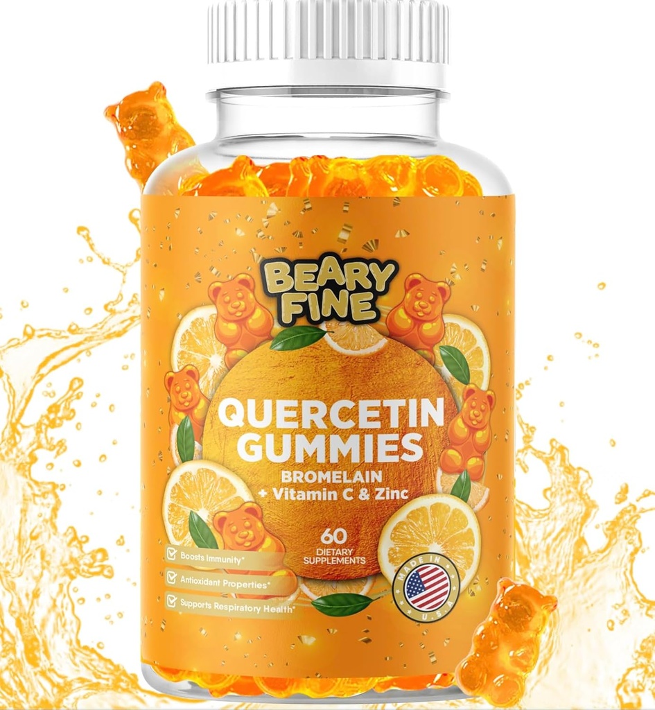 Quercetin mit Bromelain Gummies - Vitamin C + Zink & Vitamin D3 – Extra Strength Immun Support Booster - 60 Quercetin Gummies - Made in USA