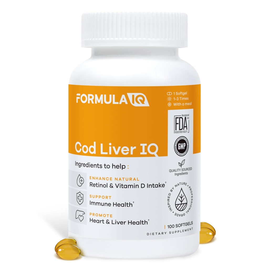 FIQ - Cod Liver IQ - Cod Liver Oil Softgels - Natürliche Quelle von Vitaminen A & D und Omega-3 Fettsäuren - Herz, Leber & Immune Gesundheit - 100 Softgels