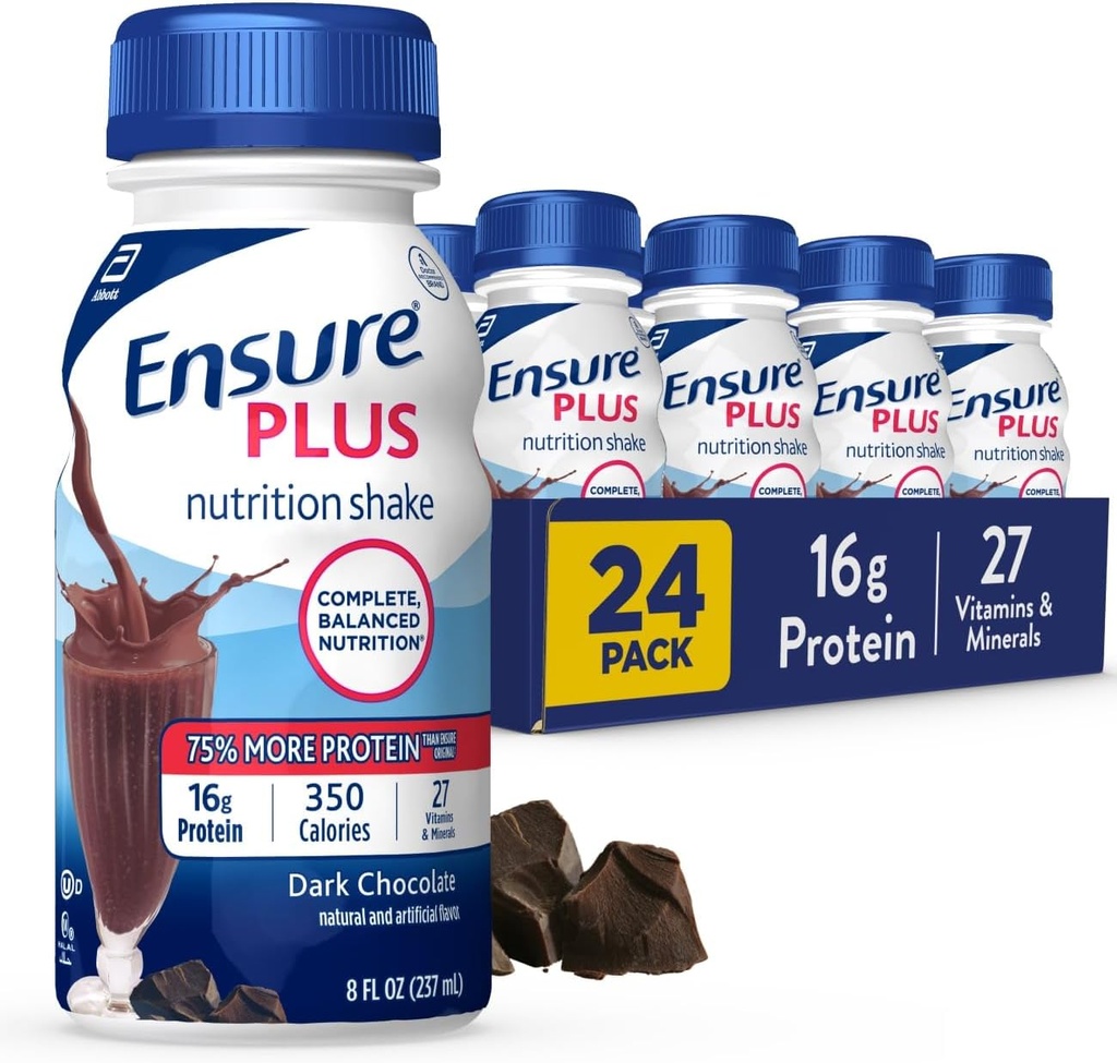 Ensure Plus DarkChocolate Nutrition Shake | Meal Replacement Shake | Ready To Drink | 16g Protein and 27 Vitamins and Minerals | 8 fl oz - 24 Pack