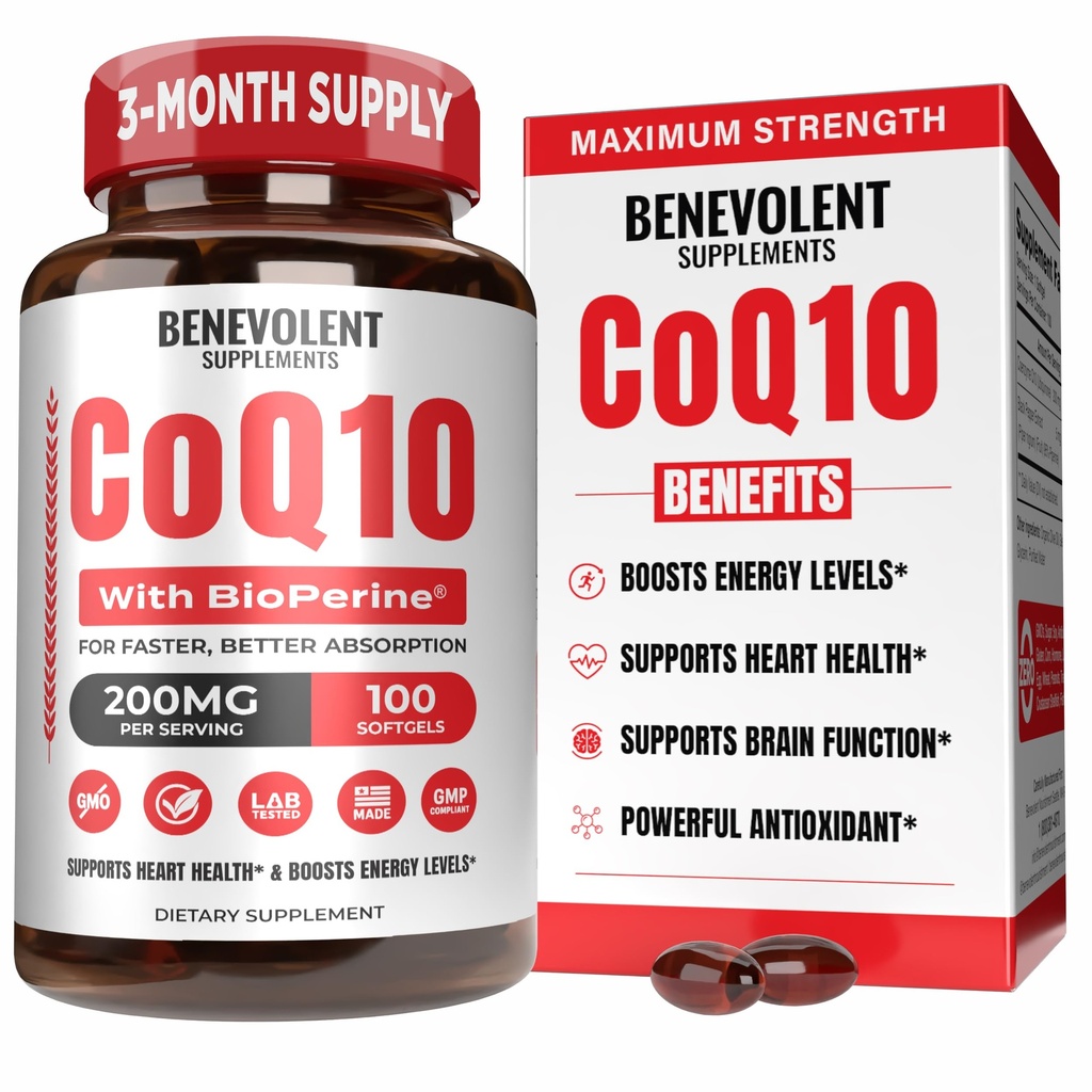 Benevolent Pure CoQ10 200mg Softgels avec BioPerine® pour l'absorption maximale, supplément de Coenzyme Ubiquinone Q10 pour la santé cardiaque, la production d'énergie, le vieillissement en santé et le soutien antioxydant, 100 Softgels