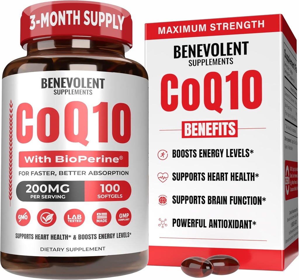 Benevolent Pure CoQ10 200mg Softgels mit BioPerine® für Max Absorption, Ubiquinone Coenzym Q10 Supplement für Herzgesundheit, Energieproduktion, Gesunde Aging & Antioxidantienunterstützung, 100 Softgels