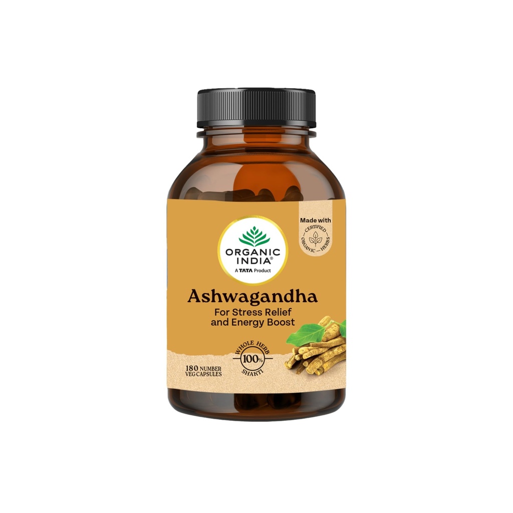 ORGANIC INDIA A TATA Product - Ashwagandha Capsules - 180 Veg Caps, Vitality & Relieves Stress, Naturally Boosts Energy & Stamina, Improves Immune System, GMP & NPOP Certified Organic