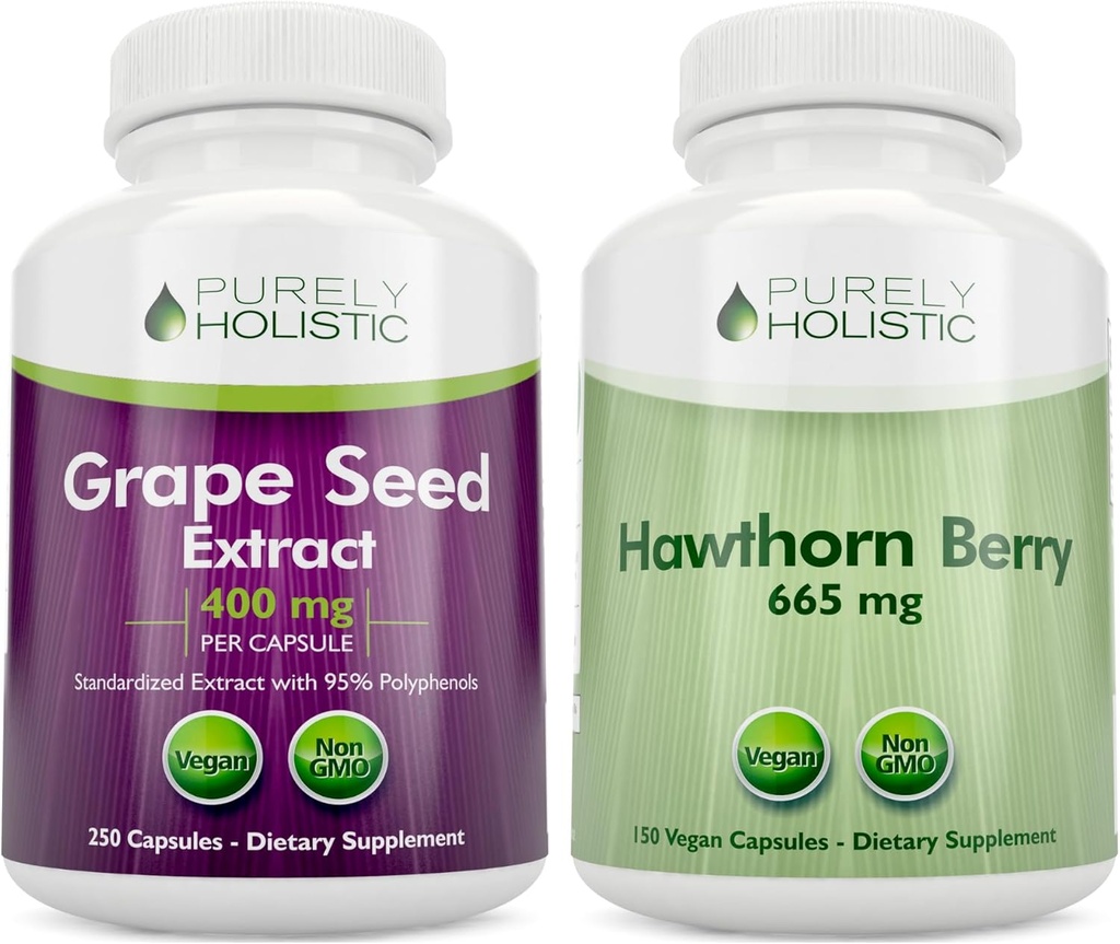 Purely Holistic Grape Seed Extract 400mg + Hawthorn Berry 665mg Bundle - 400 Vegan Capsules - Made in USA