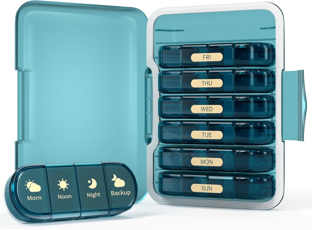 Organisateur hebdomadaire de pilules 4 fois par jour, boîte à pilules de 7 jours 4X, portable pour le cas de pilules de voyage pour les pilules/vitamine/pêche, huile/médication/compléments (4x7 bleu)