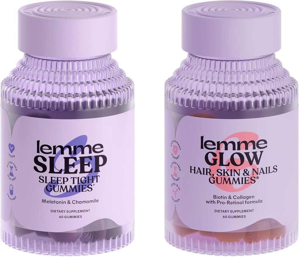 Lemme Sleep & Glow Bundle - Schlafgummis, eine Drug-Free Nighttime Aid & Glow Biotin & Collagen Haargummis für starke, dicke Haare & Reduzierte Shedding - Gluten/Gelatin Free, Non-GMO - 60 Ct.