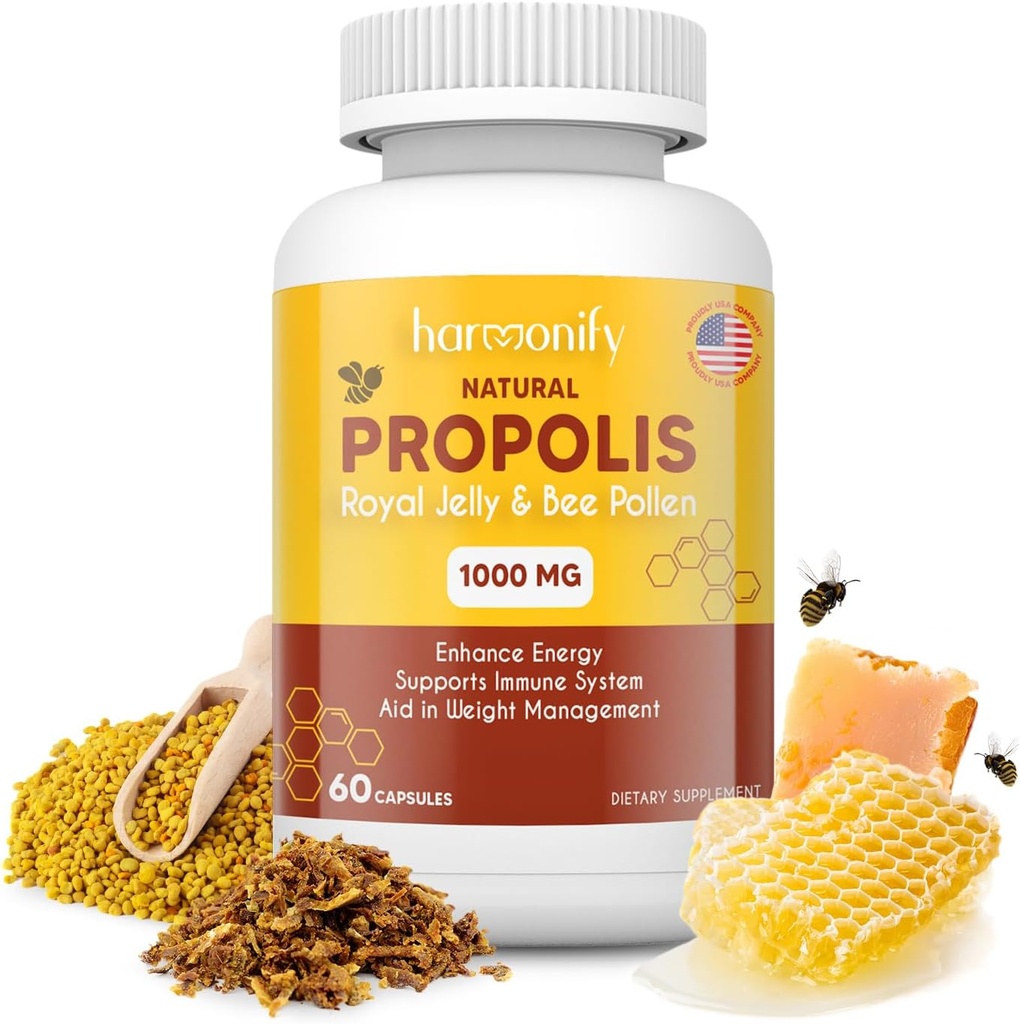 Bienen Pollen Propolis Royal Jelly Extract mit Carob, Pure Immun Support Supplement, Glutenfrei, Vegetarische Kapseln, 1000 mg