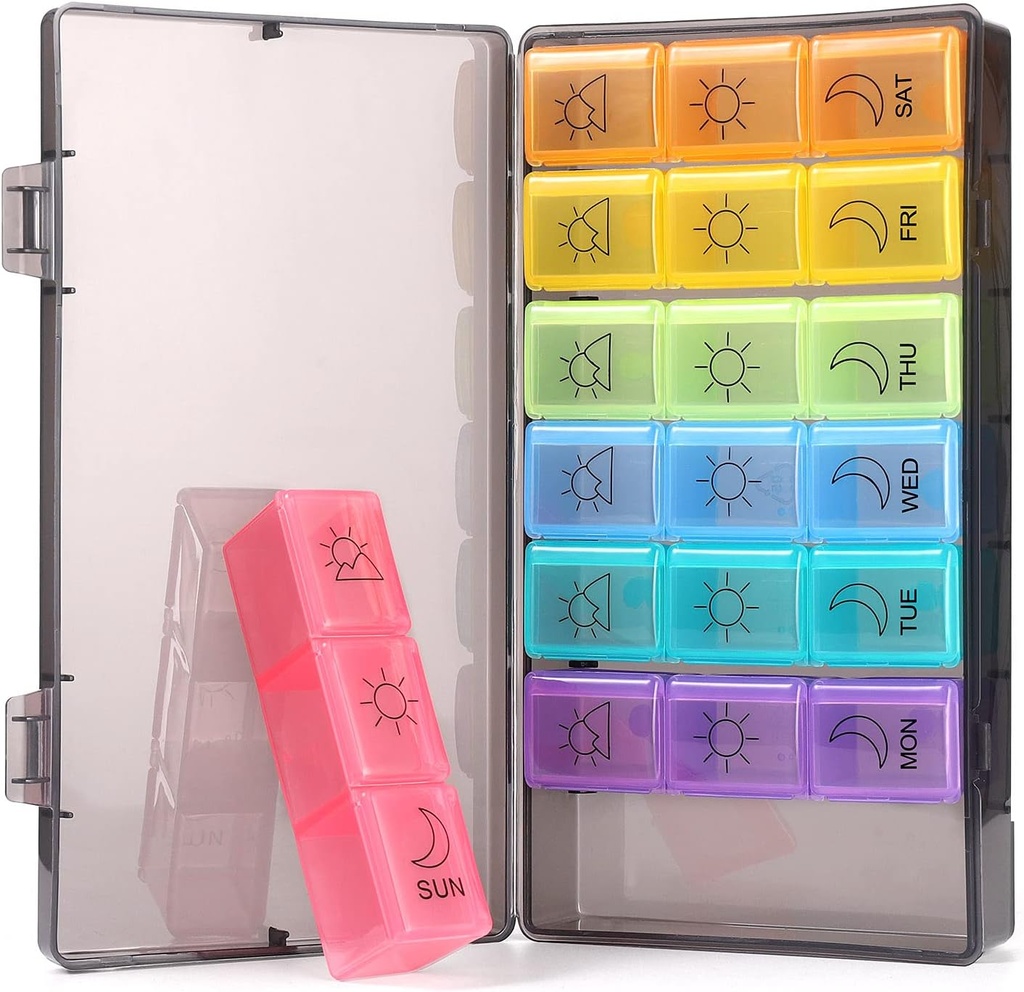 Wöchentliche Pille Organizer 7 Tage 3 Mal, Tragbare Pille Organizer, BPA Kostenlose Pille Fall, Reisen Tägliche Pille Box Reminder, Medikamente Organizer für Vitamine, Ergänzungen (Rainbow)