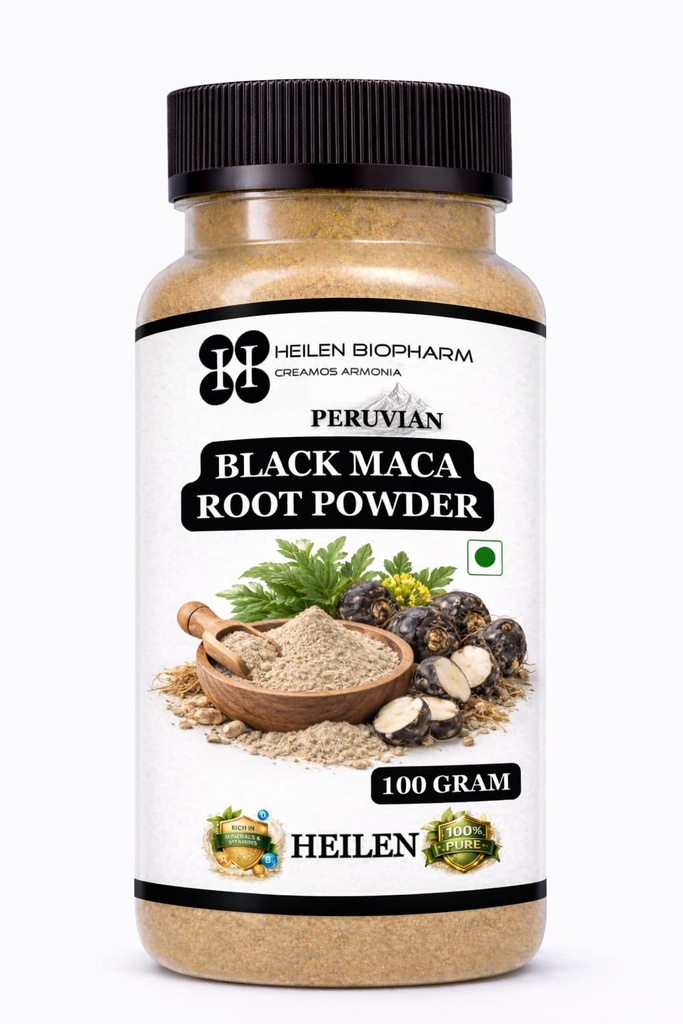 Heilen Biopharm Peruvian Black Maca Root Powder | Traditional Herb for Stamina & Energy Support | 100g Pack of 1 | Plant-Based Supplement | No Preservatives