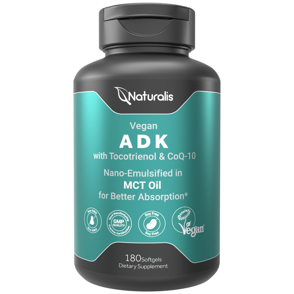 Naturalis Vitamine végétalienne ADK avec 50 mg de tocotriénol et CoQ-10-Émulsifié dans EVOO pour une meilleure absorption.