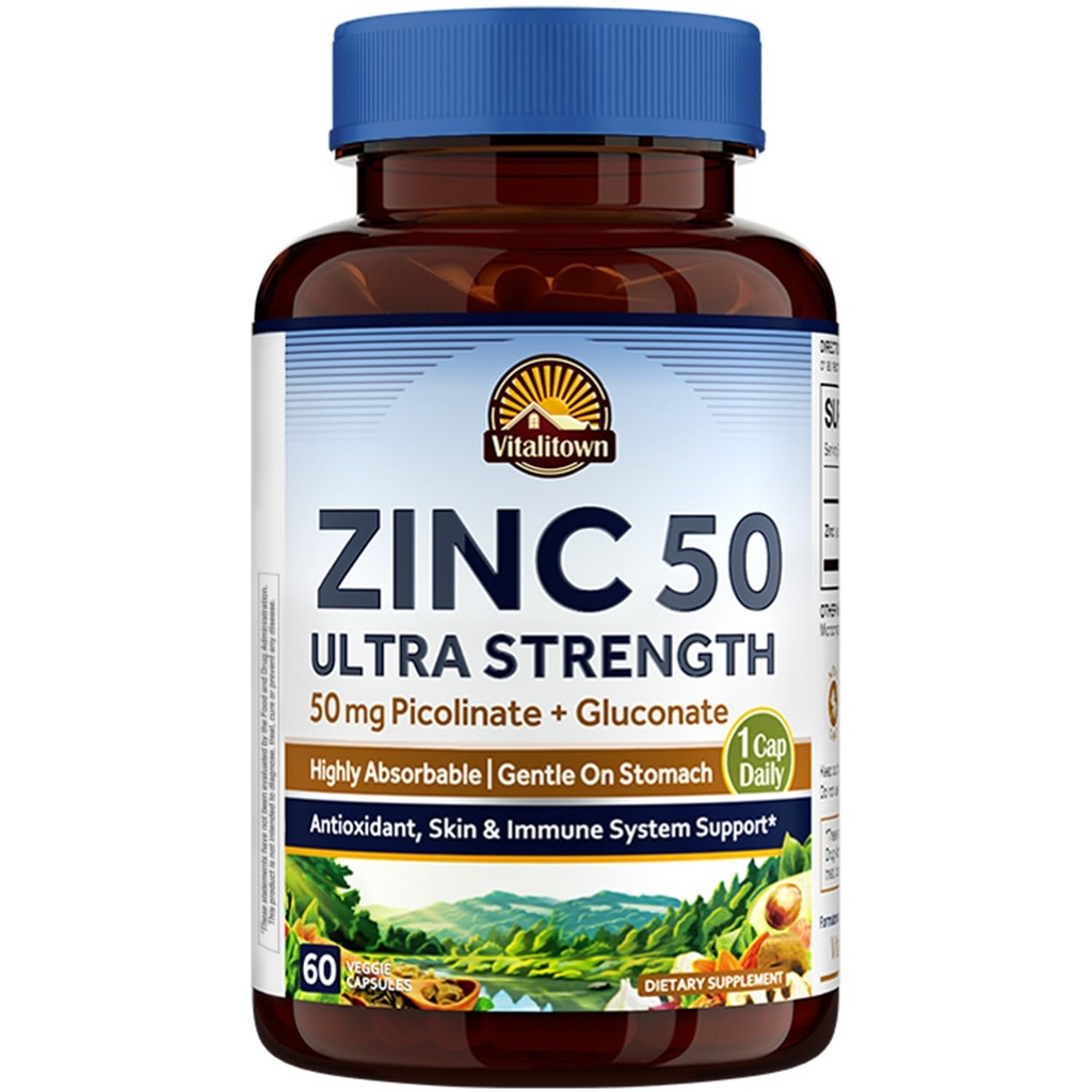 Vitalitown Chelat Zink 50 mg, Zink Picolinat & Gluconate, 60 Veggie Kapseln, gut absorbiert, Immunsystem, Gesunde Haut & Entwicklung, Vegan, NO Gluten, Non-GMO
