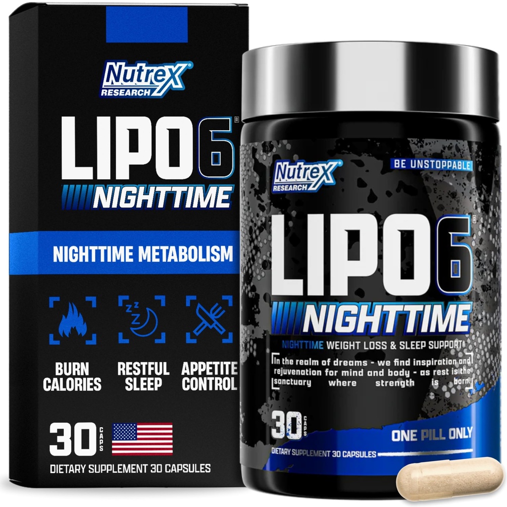 Nutrex Lipo 6 Nighttime Fat Burner | Melatonin Schlafhilfe & Weight Loss Diät Pillen für Männer und Frauen | Nacht Zeit Stoffwechsel Booster Appetit Suppressant | 30 Servierungen (1)