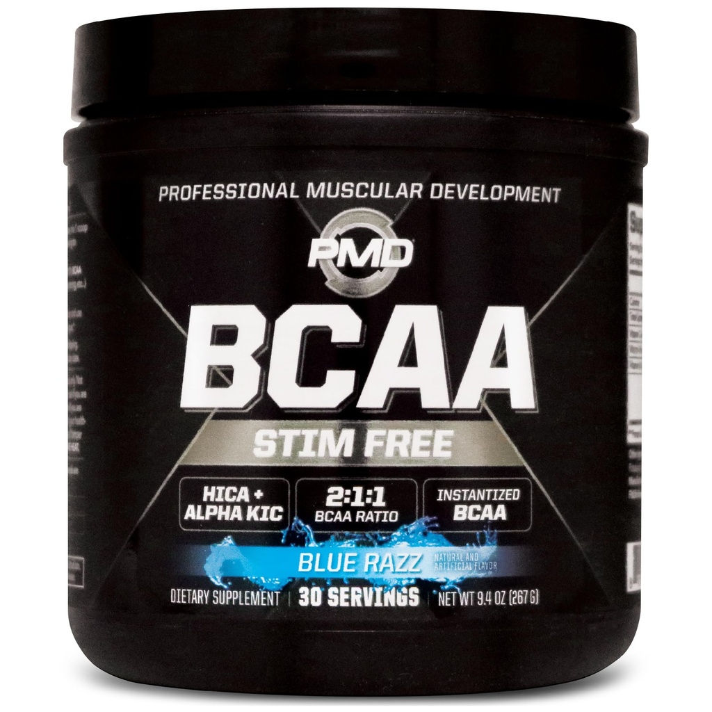 PMD Sports BCAA Acides aminés sans stimulation - Meilleure performance d'entraînement, récupération améliorée, énergie quotidienne, bâtisseur musculaire et parsemage musculaire - BCAA Mélange de boissons en poudre - Blue Razz (30 portions)