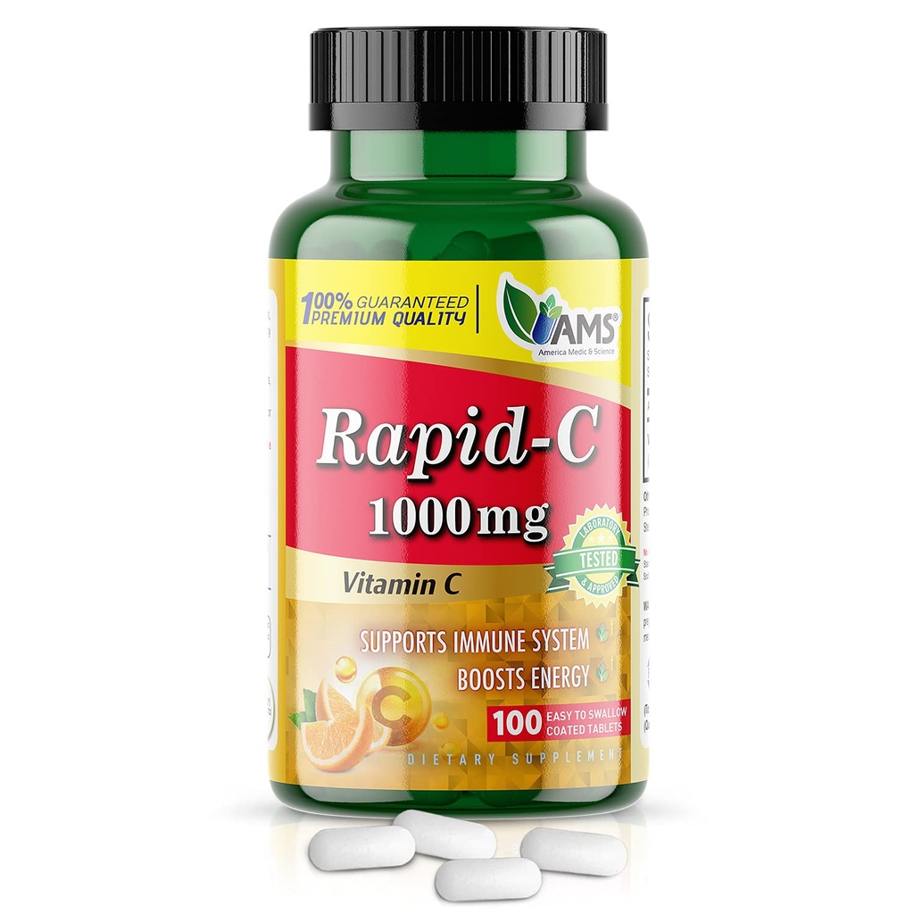 America Medic & Science Rapid-C 1000mg supplément de vitamine C (1 paquet de 100 comprimés) Booster d'énergie, support quotidien du système immunitaire, antioxydant, acide ascorbique non-OGM pour adultes hommes et femmes