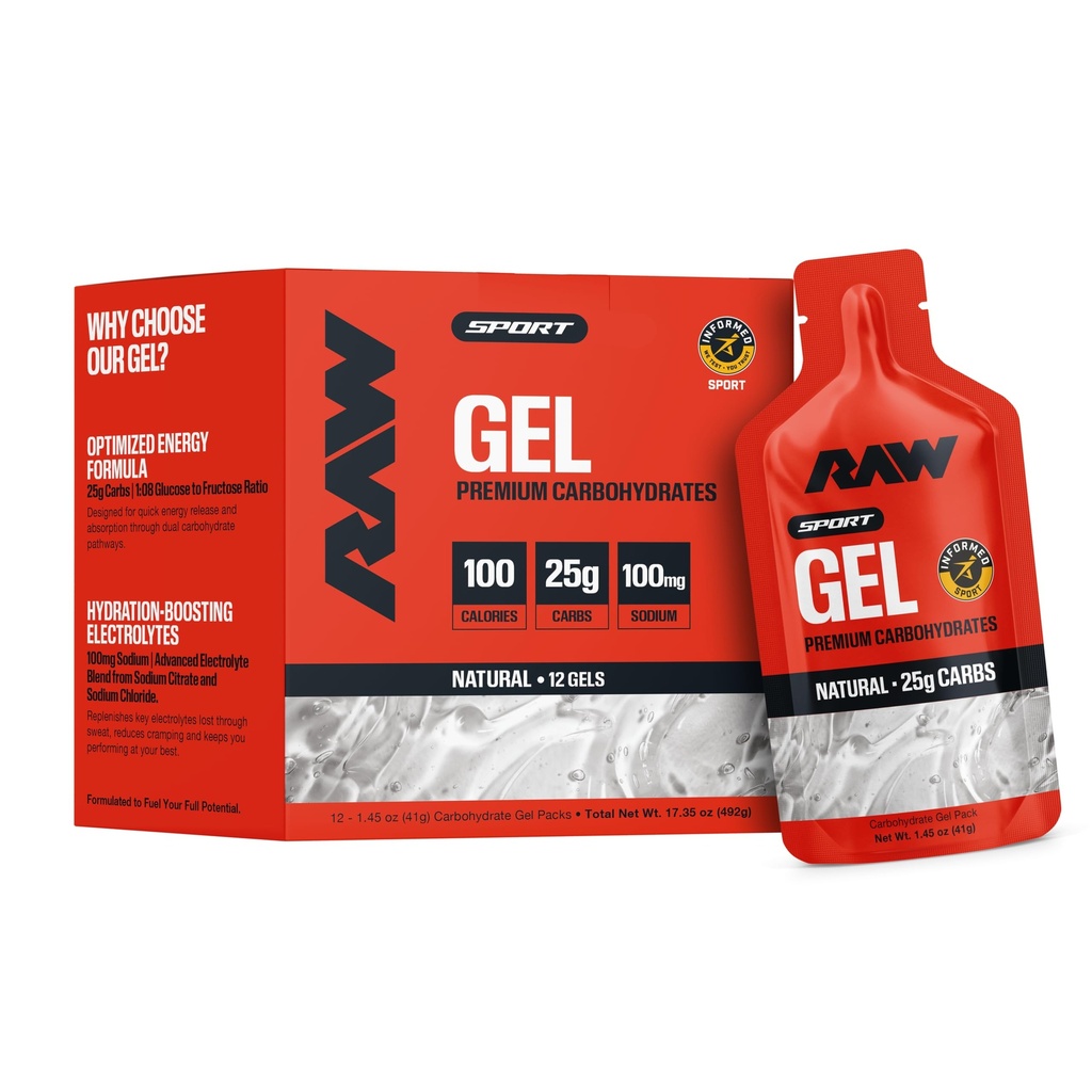 RAW Nutrition Sport Gel, 25g Carbs, Caffeine Free, 12 Pack