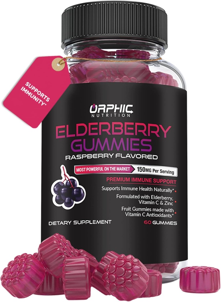 ORPHIC NUTRITION Elderberry Gummis mit Vitamin C und Zink - 60 Count - Immununterstützungsergänzung für Männer, Frauen und Kinder* - Elderberry Vitamine Made with Vitamin C - 100MG of Elderberry