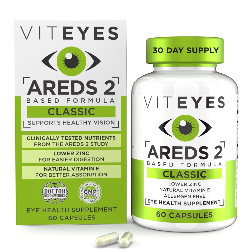 Vityeyes AREDS 2 Vitamines oculaires, Support Maculaire Classique, Capsules sans allergène, avec Vitamine E naturelle, Vitamine C, Zinc, Cuivre, Lutéine et Zeaxanthin, Eye Doctor Trusted, Fabriqué aux États-Unis, 60 Ct