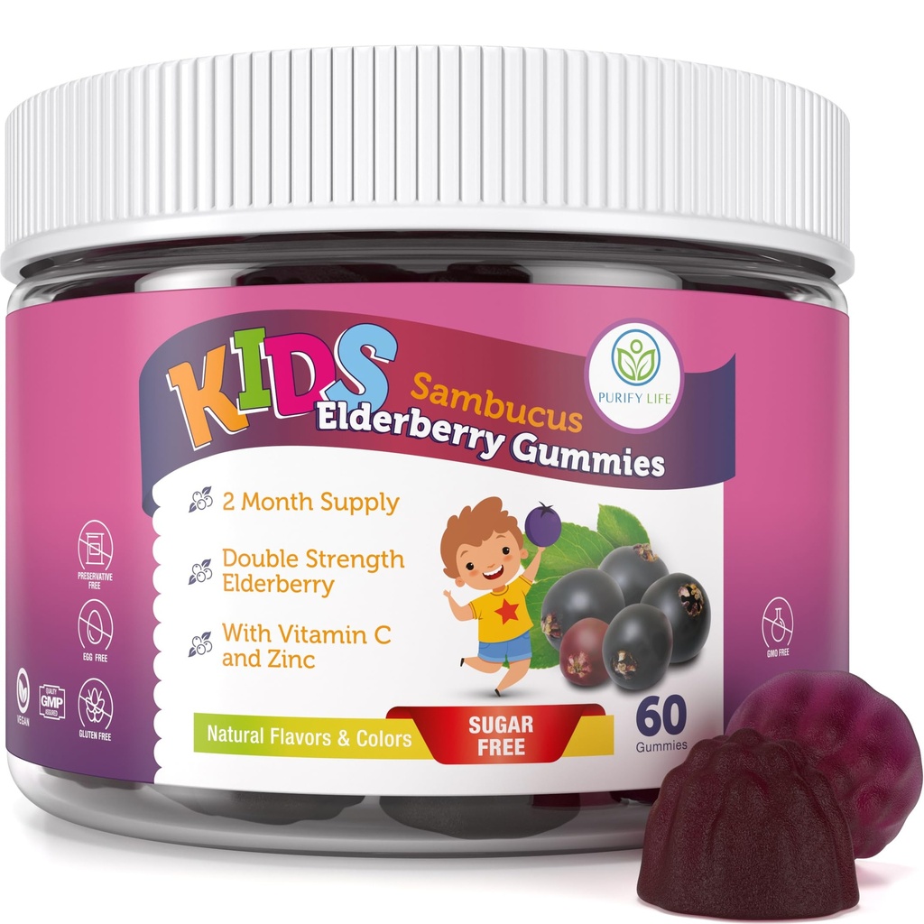 Purify Life Sugar-Free Kids Elderberry Gummies mit Vitamin C & Zink – Tägliche Immununterstützungsergänzung für Kinder, Sambucus Antioxidant, Vegan, 60 Ct
