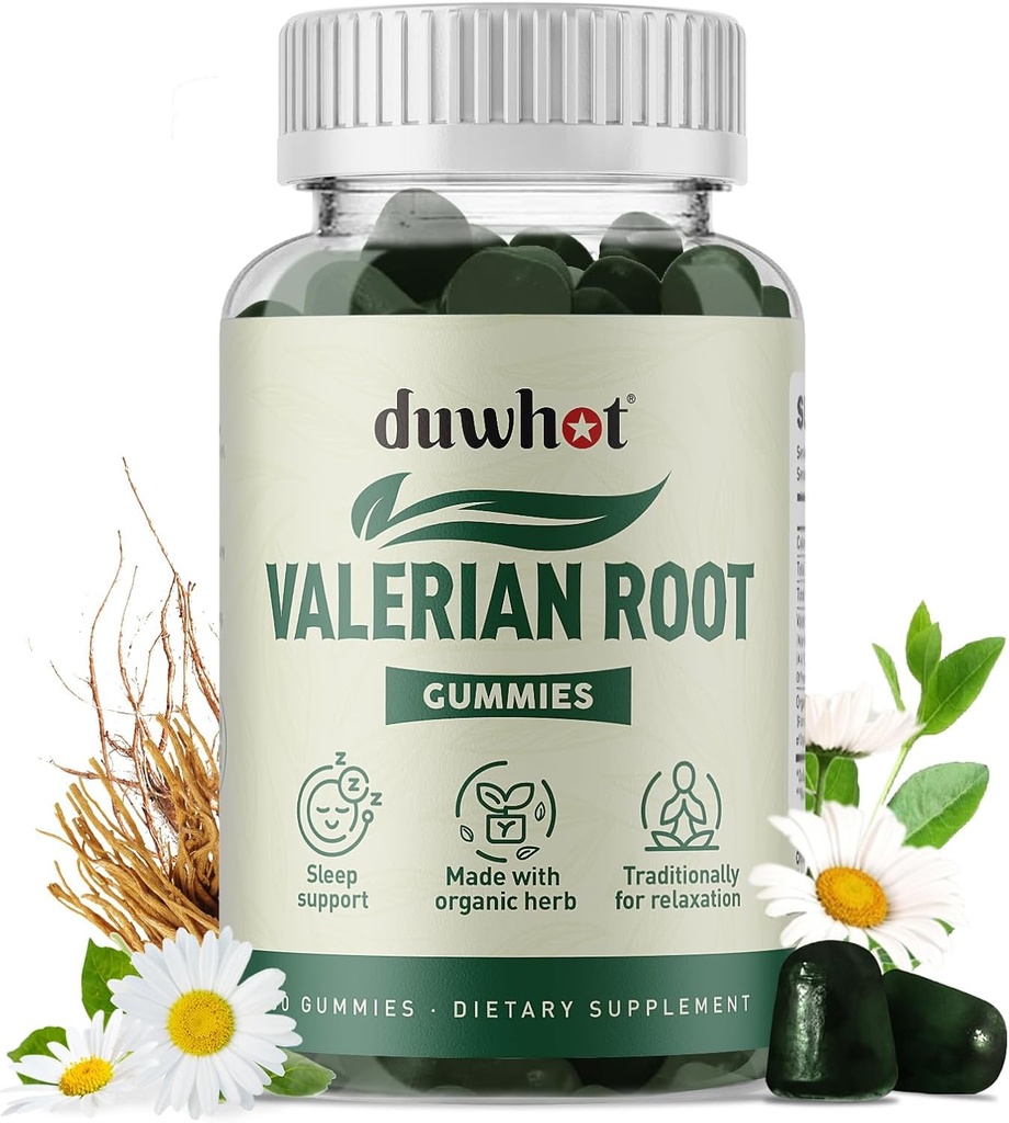 Gummy de racine valériane, racine valériane biologique pour le sommeil et le stress, amélioré avec la fleur de camomille pour adultes, Amies des enfants, Saveur de pomme, 60 comtes