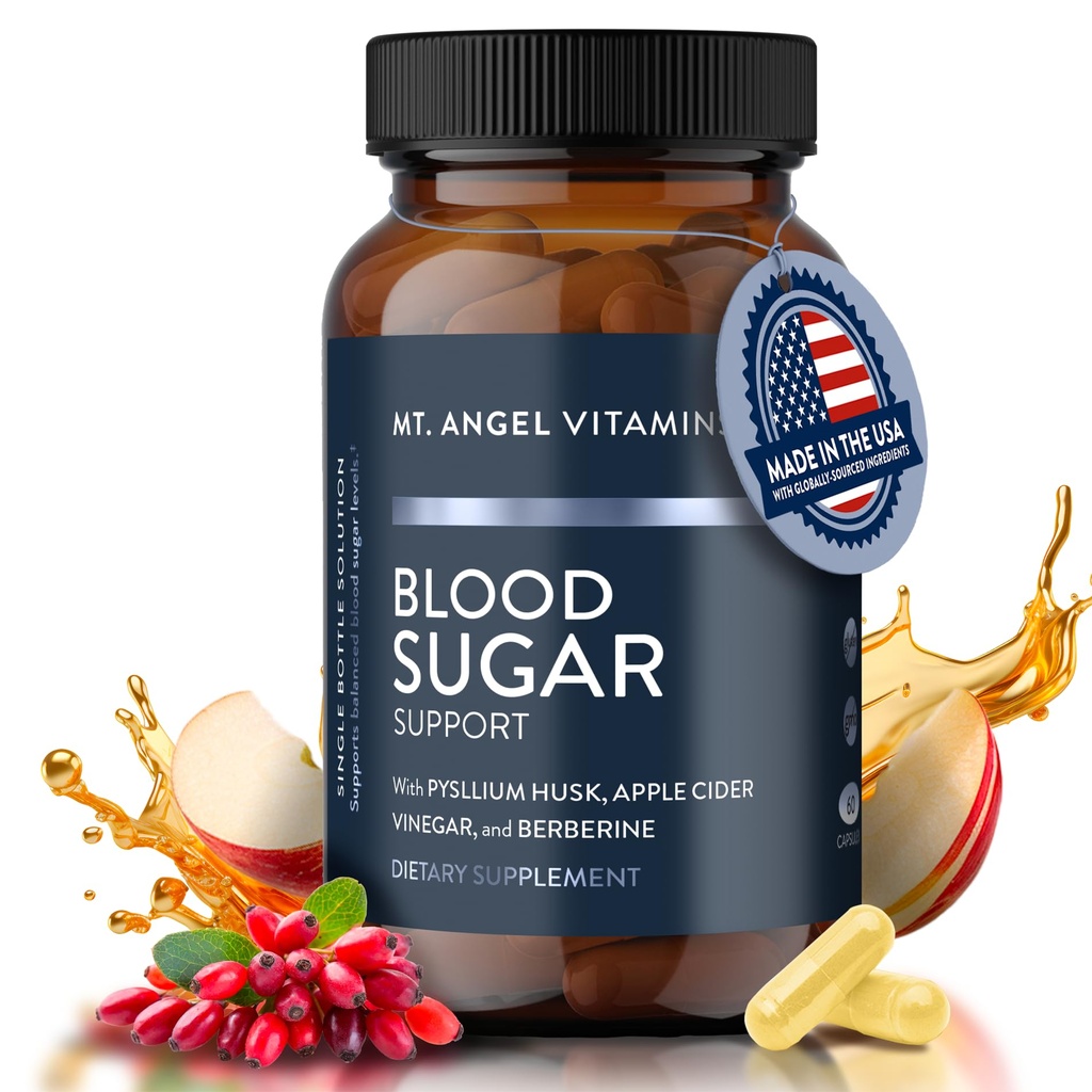 Mt. Angel Vitamins Blood Sugar Support Supplement - Natural Supplement with Pysllium Husk, Berberine with Ceylon Cinnamon, and Apple Cider Vinegar - Supports Healthy Blood Sugar Levels - 60 Capsules
