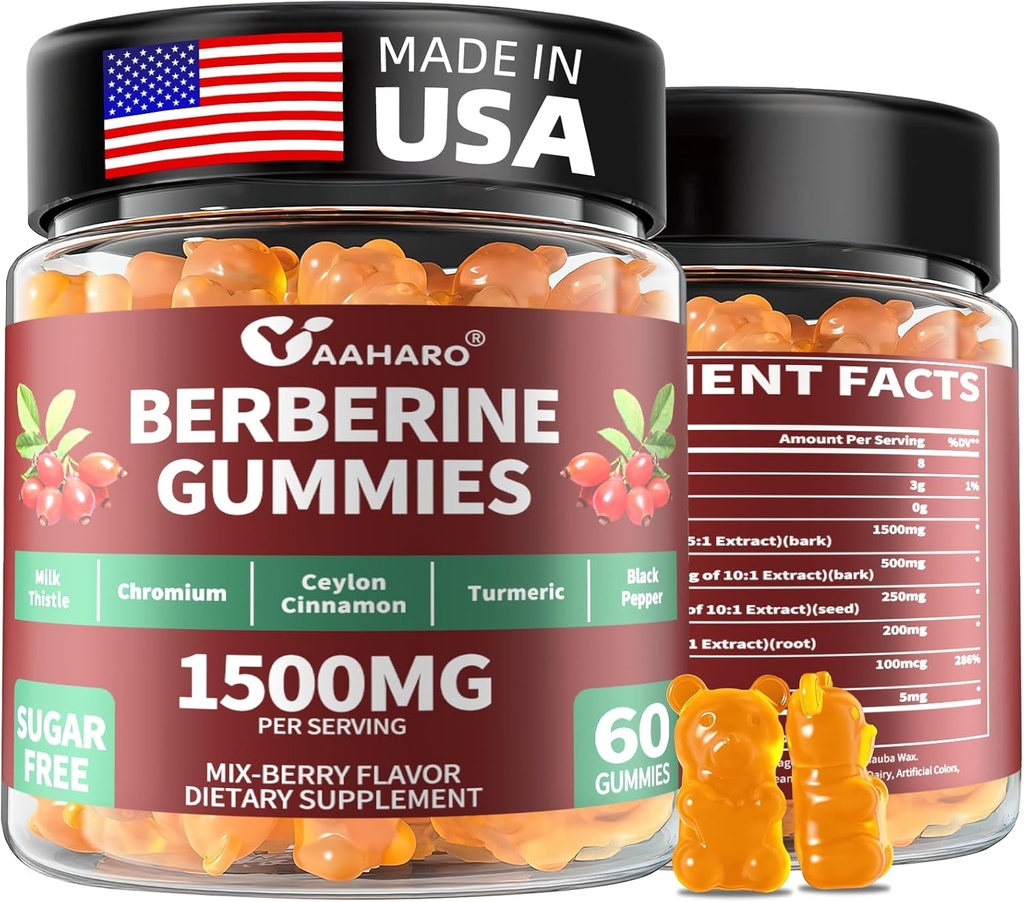 Berberine mit Ceylon Cinnamon Gummies - 1500mg Berberine HCI-Ergänzung mit Chrom,Turm und Milchdistel - Immununterstützung - für Damen und Herren - 60 Sugar Free Gummies