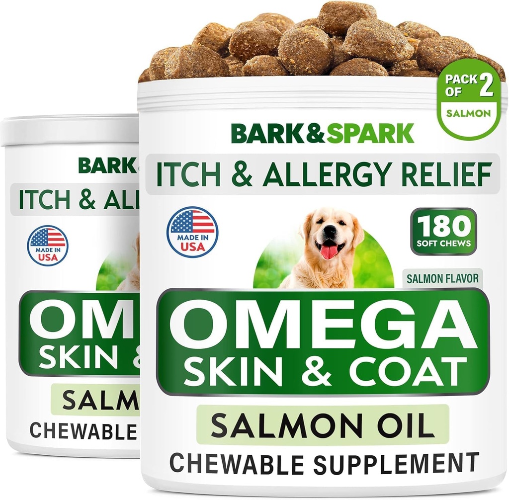 BARK&SPARK Omega 3 pour les chiens - 360 traitements à l'huile de poisson pour l'échouement des chiens, l'allergie cutanée, le soulagement des démangeaisons, le traitement des taches chaudes - Santé articulaire - Supplément de peau et de manteau - ADP et ADH Acides gras - Huile de saumon