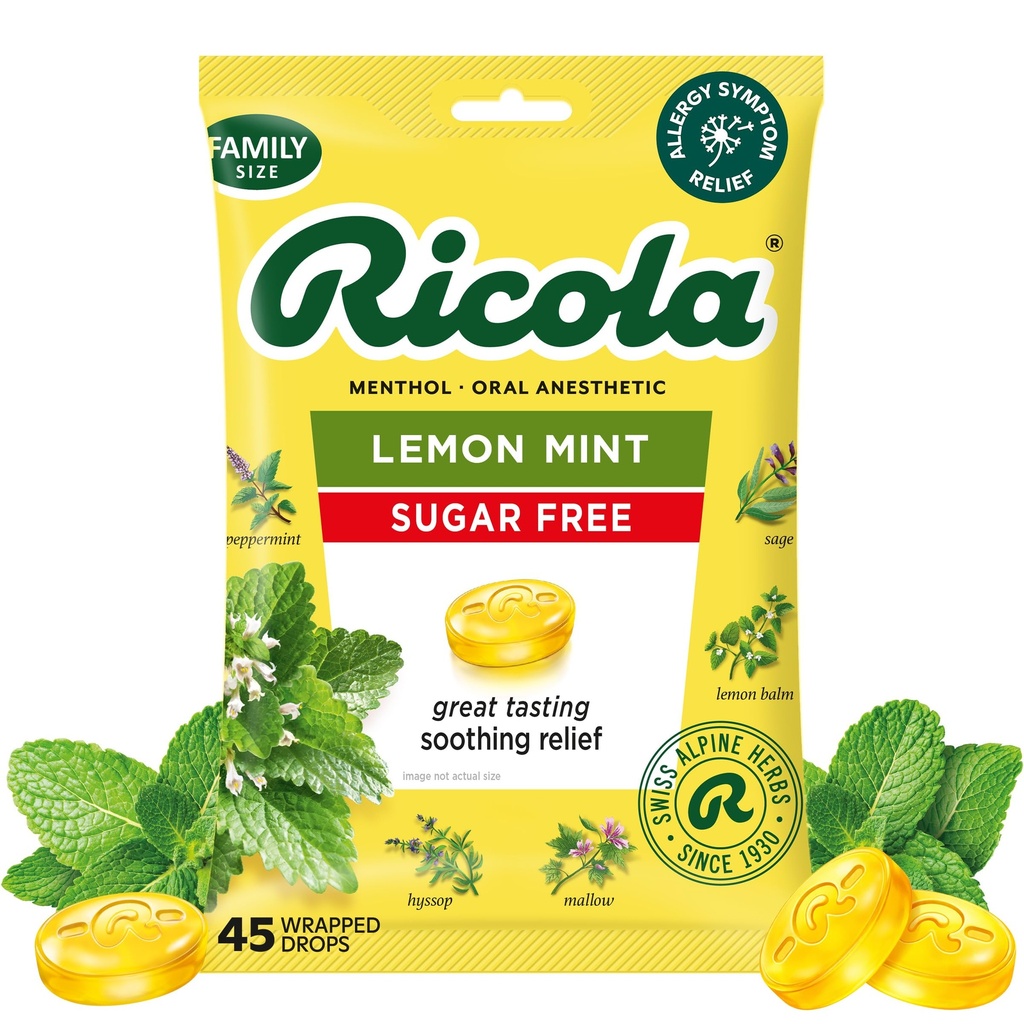 Ricola Sugar Free Lemon Mint Throat Drops, 45 Count, Refreshing Relief von Minor Throat Irritationen, Oral Anesthetic