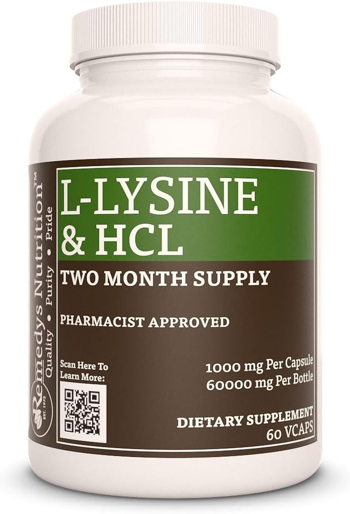 Remedys Ernährung L-Lysine HCL | 1.000 mg, 60 Vegan Kapsel Aminosäure Nahrungsergänzungsmittel | Zwei Monate Versorgung