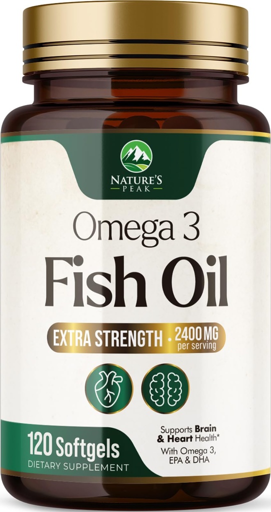Omega 3 Fish Oil 2400 mg Supplement, Sustainable Sourced, Dreifache Stärke Omega-3 Supplement Softgels, Gehirngesundheitsunterstützung, EPA & DHA Fish Oil Fatty Acids Supplements, Gluten & GMO Free, 120 Softgels