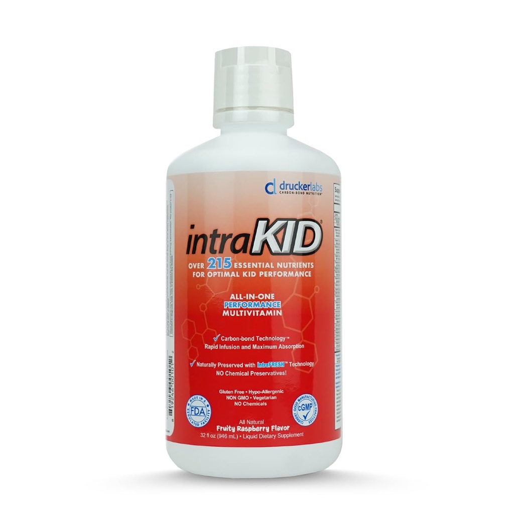 Drucker Labs Multivitamine liquide organique pour enfants, soutien immunitaire, non OGM, sans produits laitiers, sans gluten, magnésium, vitamine A, C, E, zinc, (32 oz, framboise fruitée)