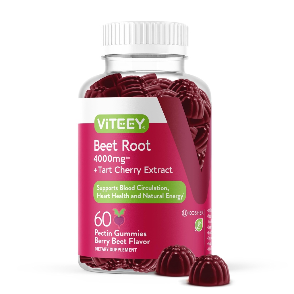Gommies de racines de betteraves de Viteey 4000mg avec cerise de tart - pour le soutien de la pression artérielle saine - Vegan, sans gélatine, sans gluten - Gummy aromatisé aux baies de betteraves croustillantes