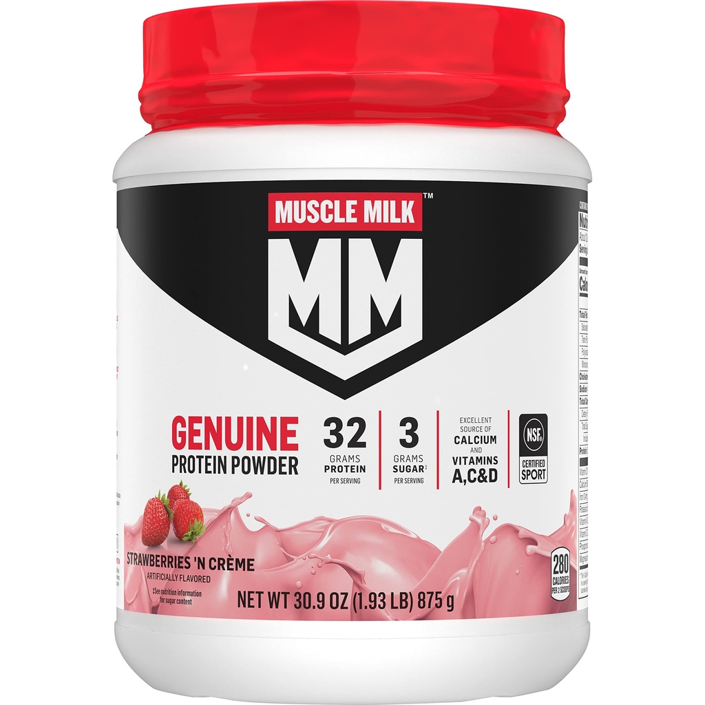 Lait musclé Poudre de protéines authentiques, fraises «N Crème, 1,93 livres, 13 portions, 32g Protéines, 3g Sucre, Calcium, Vitamines A, C & D, NSF certifié pour le sport, Energing Snack, Emballage May Vary