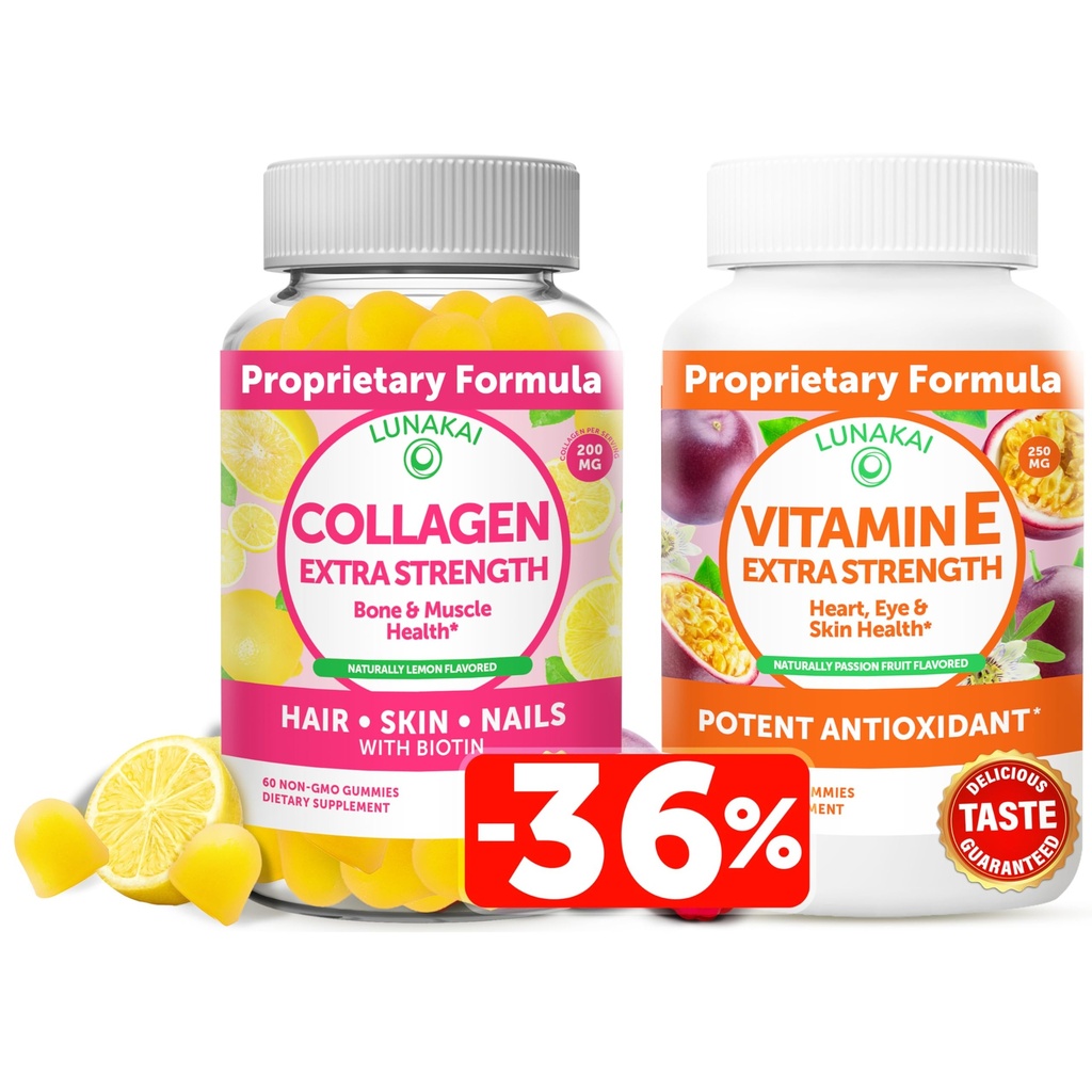 Lunakai Collagène et Gommies de vitamine E - Suppléments anti-âge non-OGM pour les hommes et les femmes - Gommy naturel avec vitamine C et 250 mg VIT naturel E