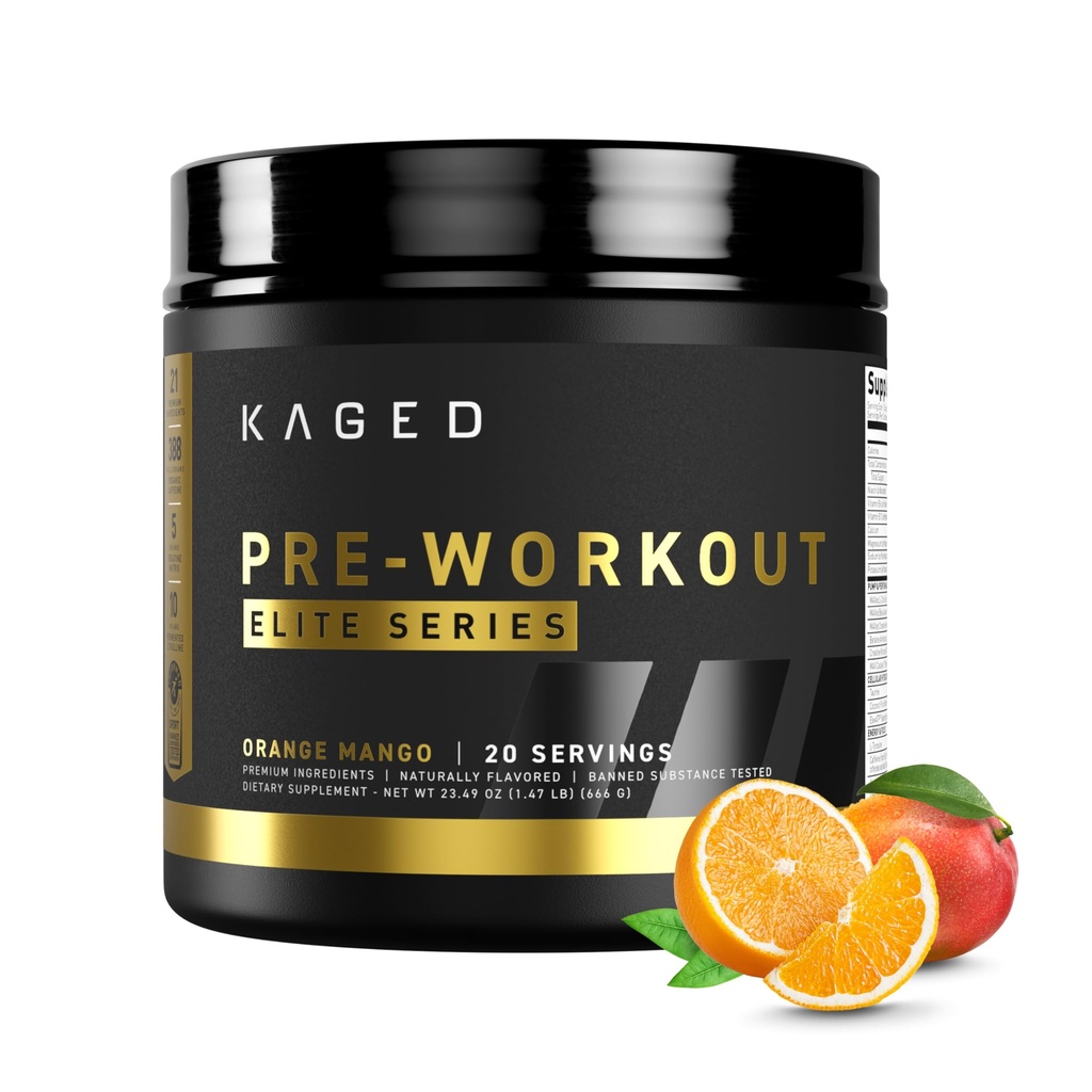 Kaged Pre Workout Powder Pre-Workout Elite für Männer und Frauen, High Stimulant für Energie, Fokus, Pumpen, L-Citrulline, Alanine, Kreatin & 388mg organische Koffein, Orange Mango