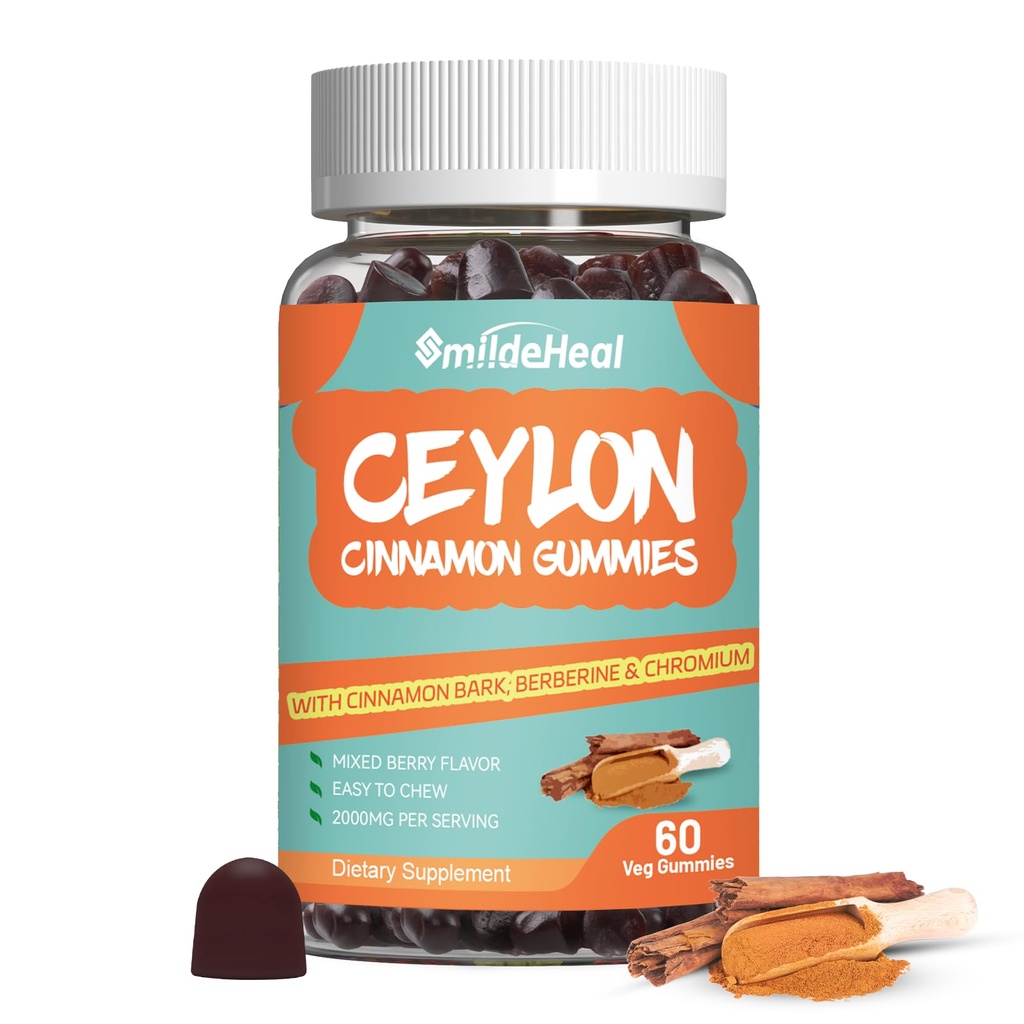 Sugar Free Ceylon Cinnamon Gummies 2000MG, Cinnamon Supplement mit Chrom und Cinnamon Bark, Vegan, Non-GMO, Glutenfrei, 60 Gummies