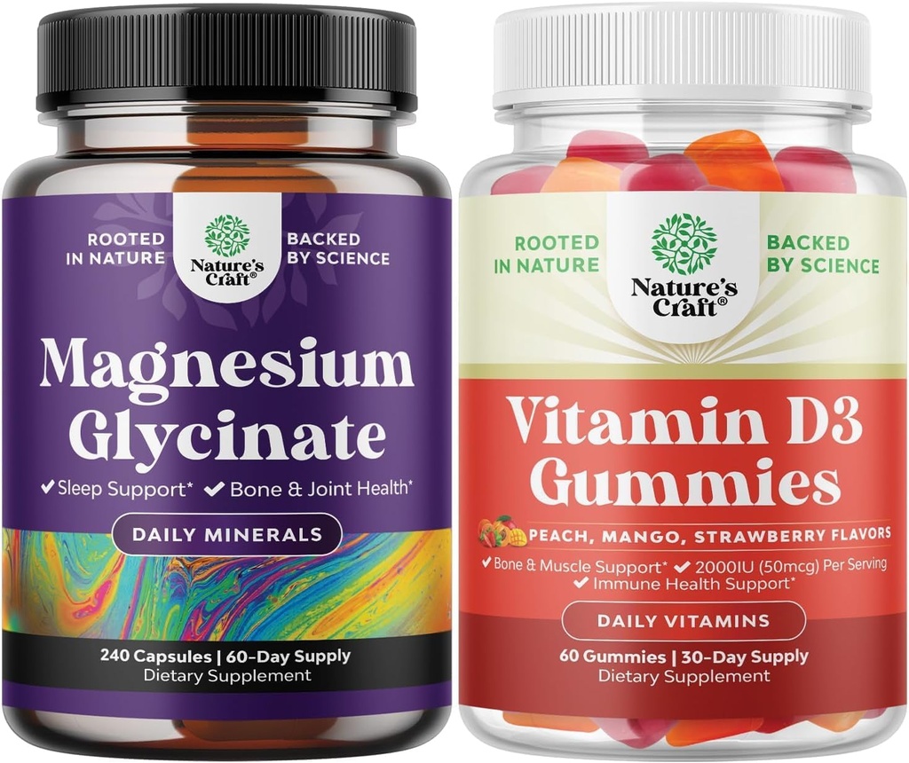 Bundle Pure Magnesium Glycinate 400mg Pro Servieren für Mood Schlaf und Entspannung 240ct und Vitamin D3 Gummi für tägliche Wellness oder Knochen Muskel- und Immununterstützung