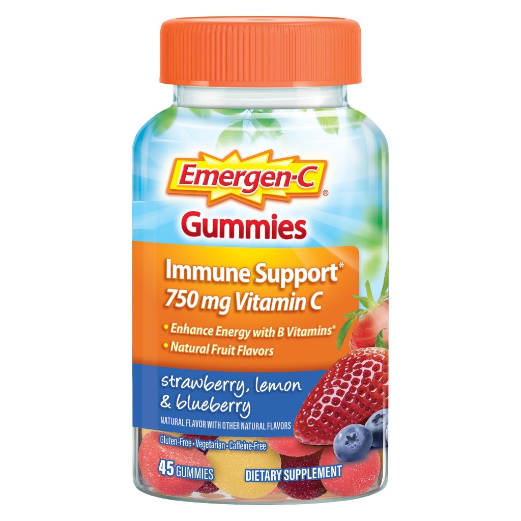 Emergen-C 750mg Gommies de vitamine C pour adultes, Gommies de soutien immunitaire, sans gluten, fraises, citron et bleuets - 45 Nombre