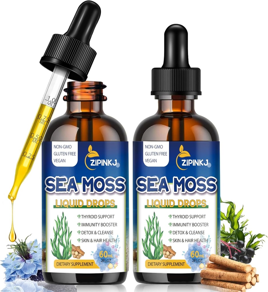 Bio Sea Moss Drops, 11 in 1 Schwarz Seed Oil & Irish Liquid Sea Moss Gel Ashwagandha Burdock Root, Spirulina, Bladderwrack, Elderberry for Digestion, Immunität, Hauthaargesundheit, Non-GMO - 4 Fl Oz