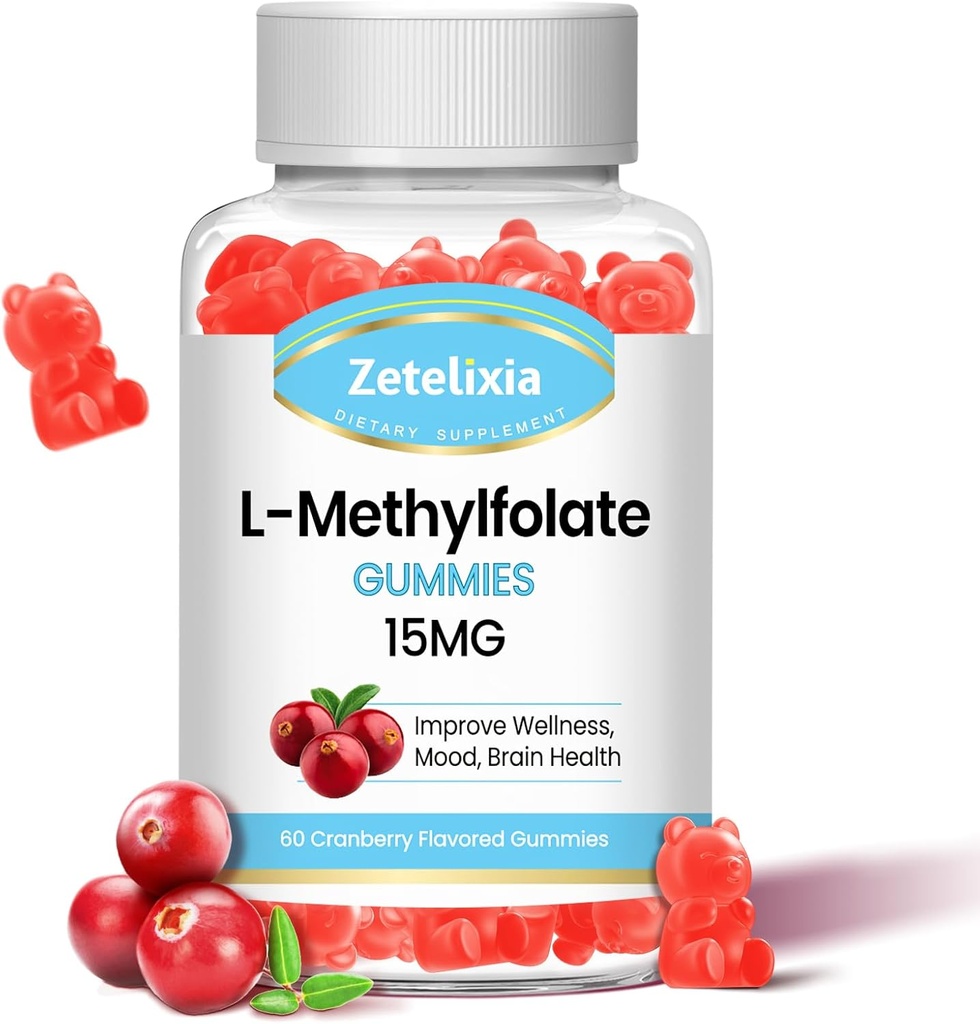 L-Methylfolate 15mg & Methyl B12 Gummies, Folate Supplement for Brain Health, Mood & Immunity, DNA Synthesis & Repair, Sugar Free, Vegan, Cranberry Flavor, 60 Count