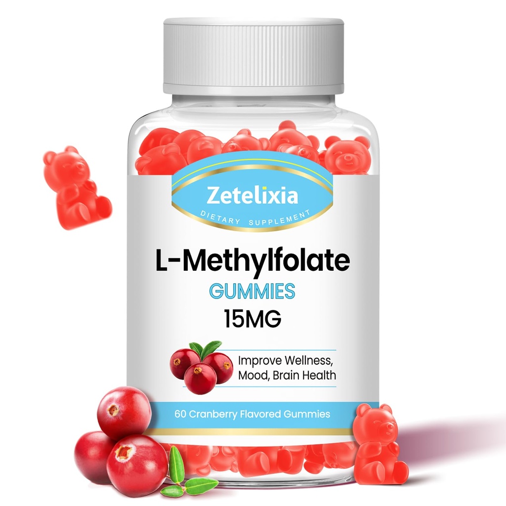 L-méthylfolate 15mg & méthyl B12 Gummies, supplément de folate pour la santé du cerveau, l'humeur et l'immunité, synthèse et réparation de l'ADN, sans sucre, végétalien, goût de canneberge, 60 comte