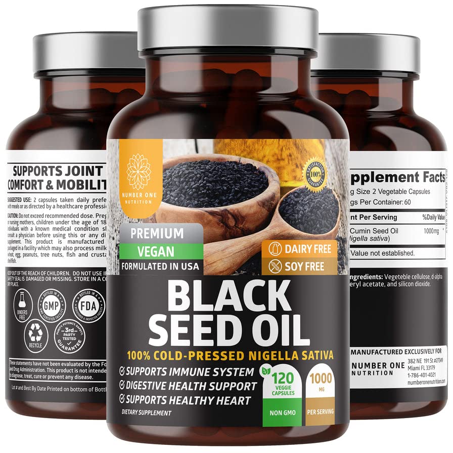 Number One Nutrition N1N Premium Black Seed Oil [Max Strength, 1000 mg] 100% Cold-Pressed Nigela Sativa zur Unterstützung von Verdauung, Immunsystem und Joint Comfort and Mobility, 120 Caps