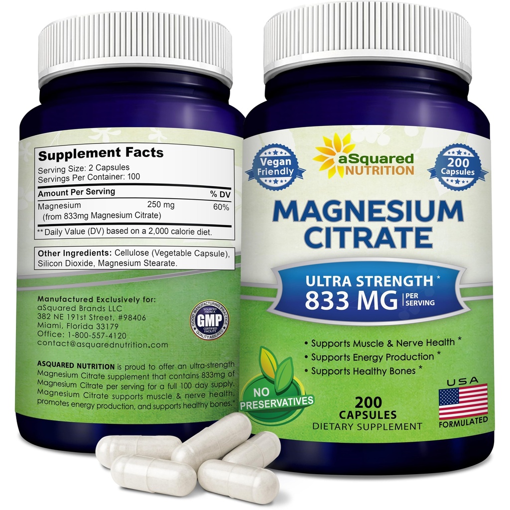 aSquared Nutrition Magnésium Citrate 833mg Supplément - 200 Capsules - Max Strength Vegan Mag Pilules en poudre pour soutenir la fonction pure des muscles, du coeur et des os - Aide à augmenter l'énergie