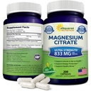 aSquared Nutrition Magnésium Citrate 833mg Supplément - 200 Capsules - Max Strength Vegan Mag Pilules en poudre pour soutenir la fonction pure des muscles, du coeur et des os - Aide à augmenter l'énergie