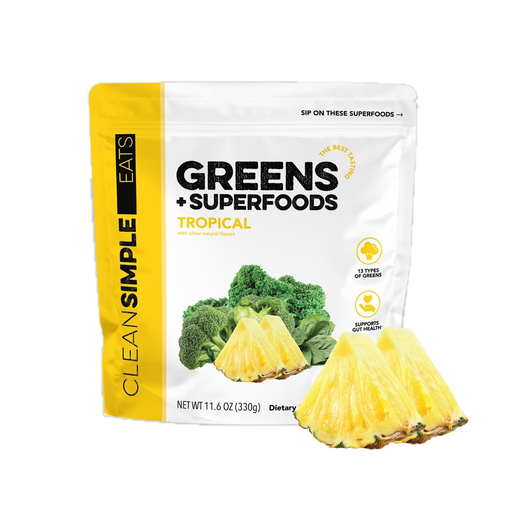 Clean Simple Eats Super Greens Powder, Naturally Flavored Greens Powder with Chlorella, Spirulina, Superfoods & Prebiotic Fiber, No Artificial Ingredients, Gluten Free, Tropical Greens Flavor, 30 Srvg