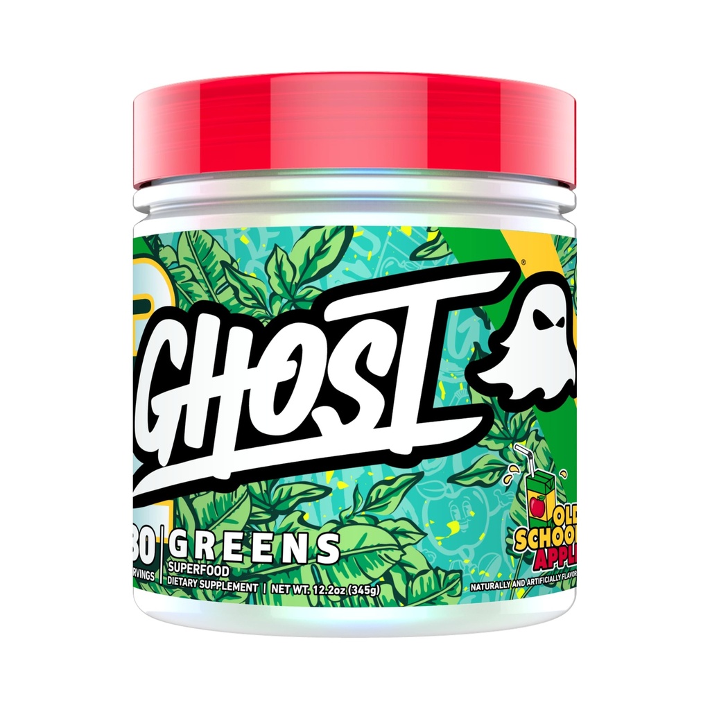 GHOST Greens Superfood Powder, Old School Apple - 30 portions - 19 Super Greens & Reds, Fruits, Légumes, Spiruline, et Chlorella, Prébiotiques, 10 milliards d'UFC Enzymes probiotiques et digestifs - Sans soja