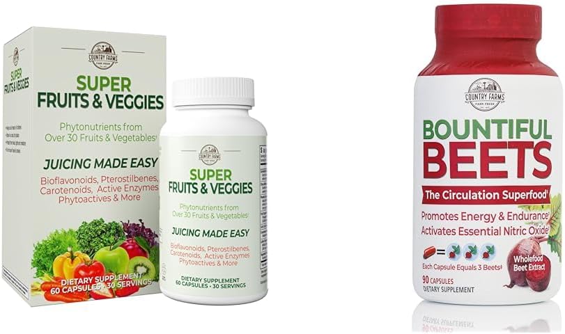 COUNTRY FARMS Super Fruits Veggies Antioxidans Immune Energy Digestive Capsules + Bountiful Beets Nitric Oxid Zirkulation Immunkapseln Bundle, 30 + 90 Portionen