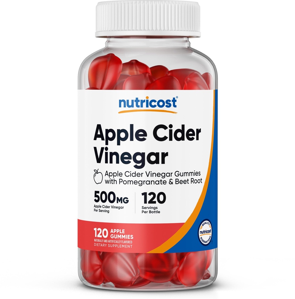 Vinaigre de cidre de pomme Nutricost 500mg, 120 gommies, aromatisé aux pommes - sans gluten, sans OGM, sans sirop de maïs