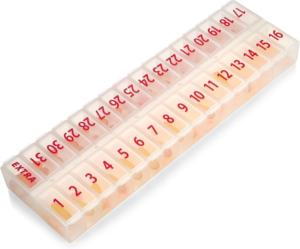 Grand organisateur de pilules mensuel 32 Compartiments - 30 Jour organisateur de pilules 1 fois par jour, grand compartiment pour les médicaments, sans BPA plastique, couvercle amovible pour la médecine de chargement facile, vitamines, clair
